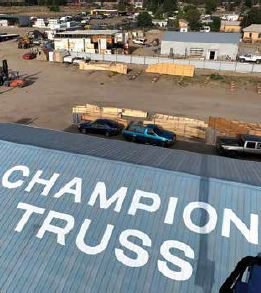 Birds eye view of the Champion Truss plant and yard