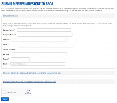 Form for SBCA members to submit company and employee milestones