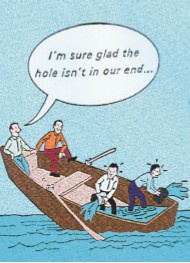 A comic of four guys in a boat with a hole that's leaking and only two guys are bailing water