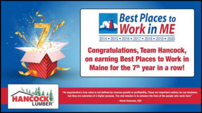 Announcement of Hancock Lumber being best places to work in Maine for the 7th consecutive year