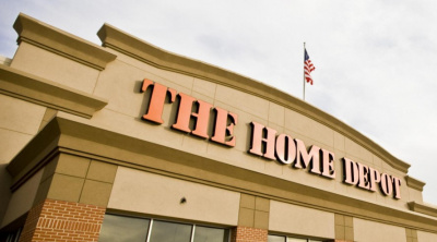 The front of a home depot building