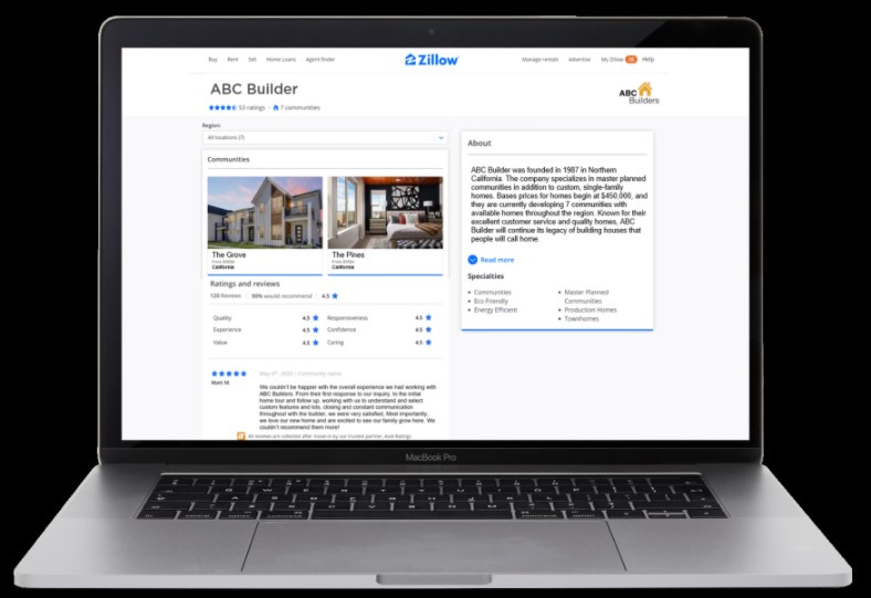 Screen shot of Zillow website with builder ratings and reviews