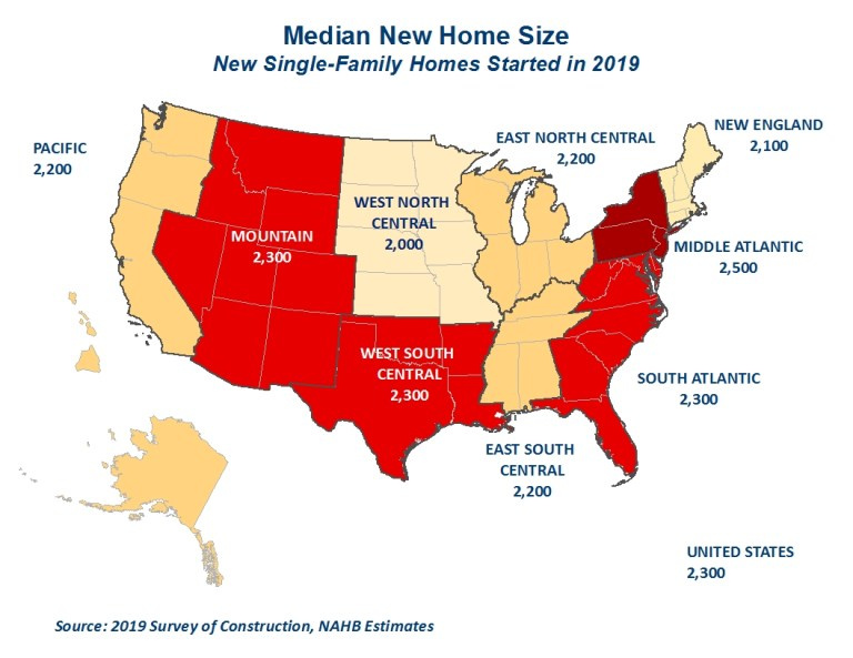 Map showing median new home size